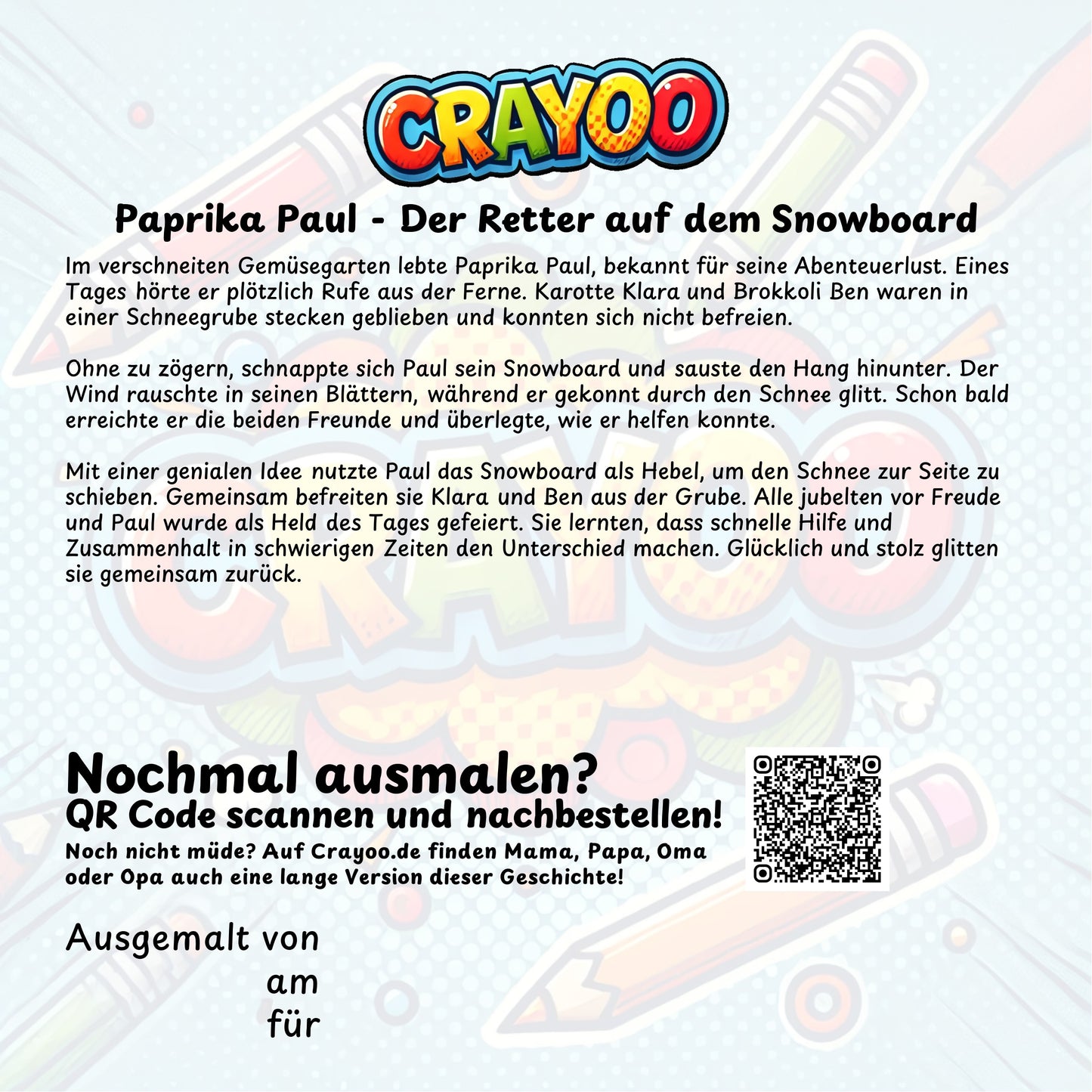 Paprika Paul - Der Retter auf dem Snowboard - 10x Bild zum Ausmalen
