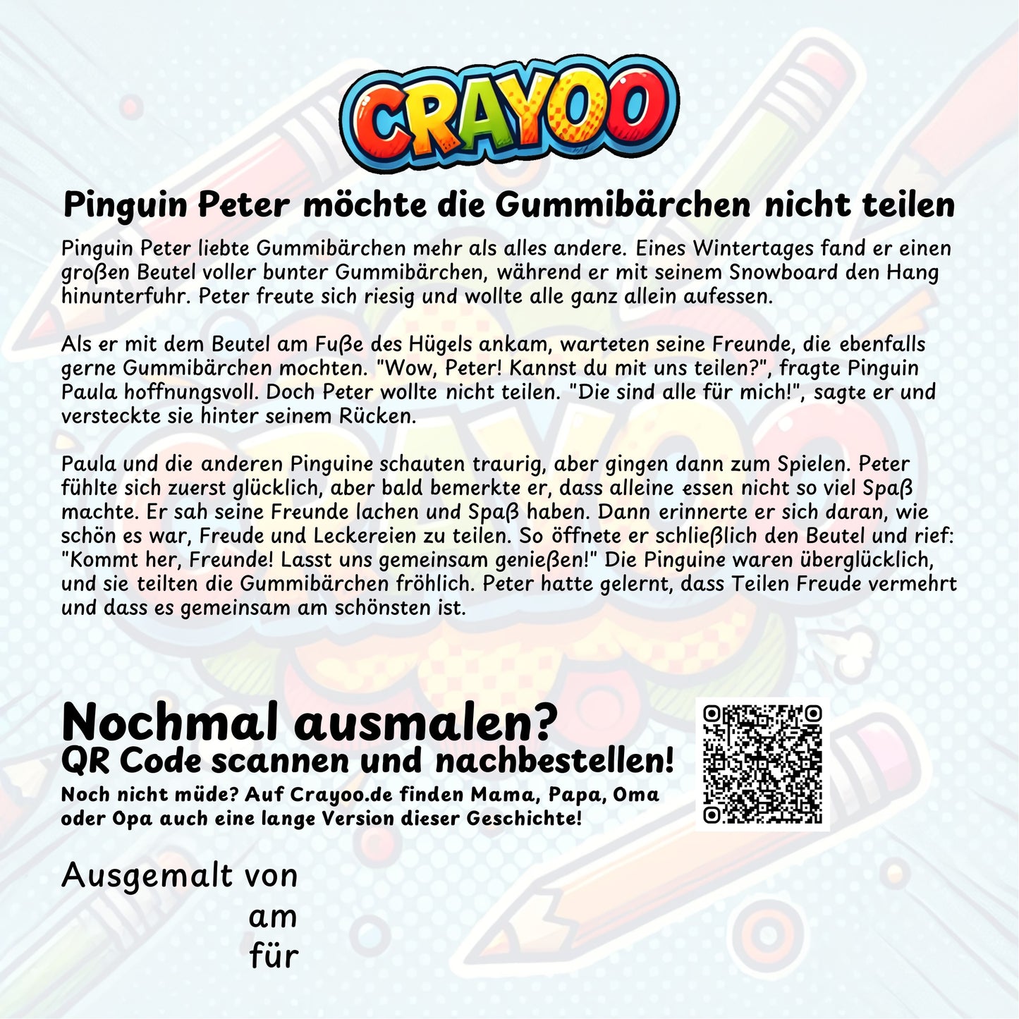 Pinguin Peter möchte die Gummibärchen nicht teilen - 10x Bild zum Ausmalen
